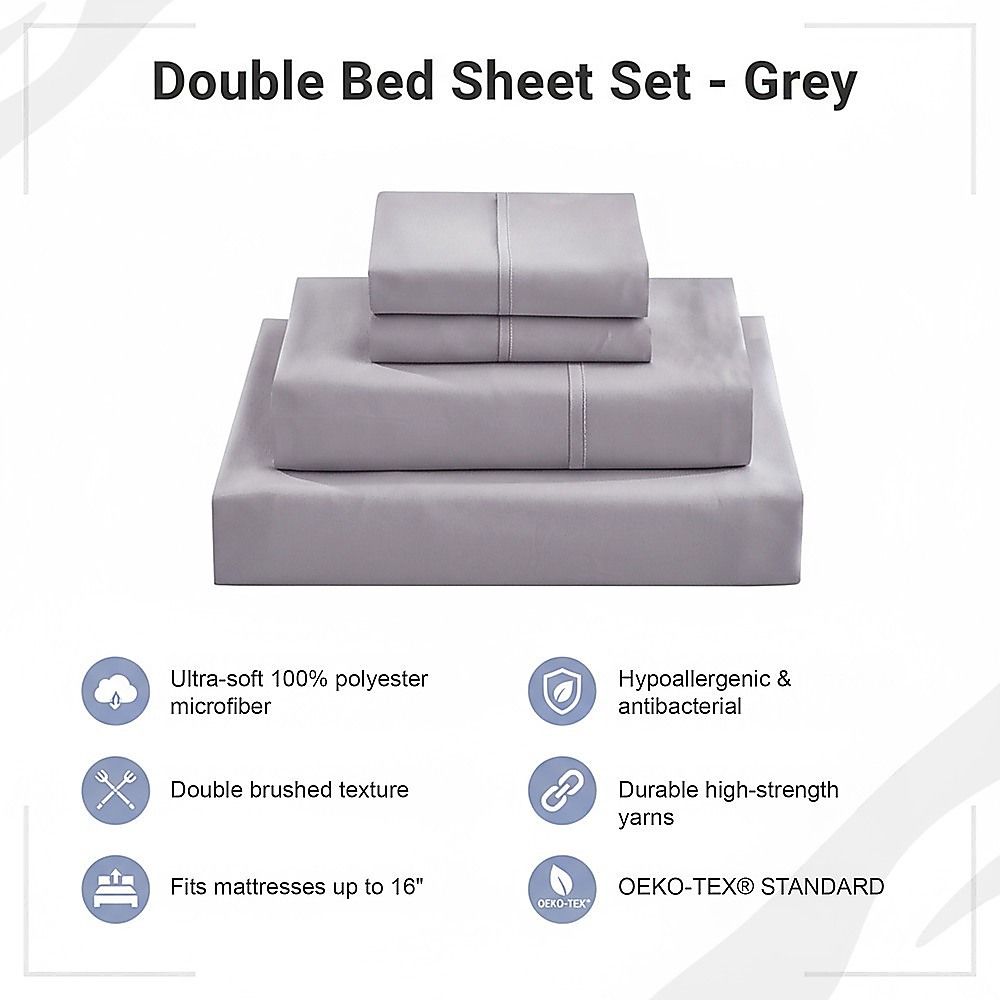 Double Bed Sheet Set – 1800 Series Microfiber, Deep Pocket, Soft & Breathable, Grey