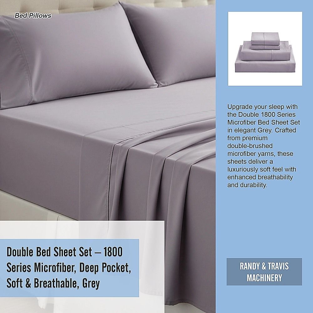 Double Bed Sheet Set – 1800 Series Microfiber, Deep Pocket, Soft & Breathable, Grey