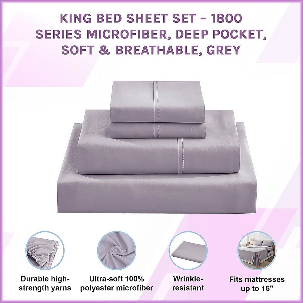 King Bed Sheet Set – 1800 Series Microfiber, Deep Pocket, Soft & Breathable, Grey