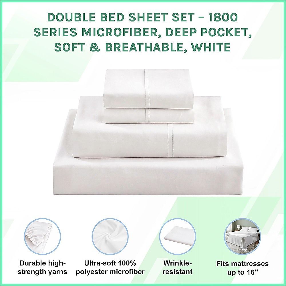Double Bed Sheet Set – 1800 Series Microfiber, Deep Pocket, Soft & Breathable, White