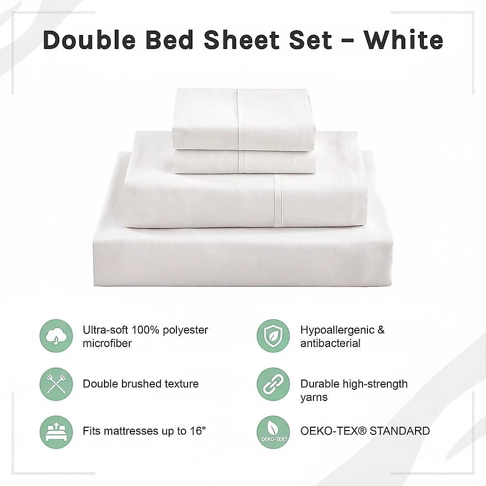 Double Bed Sheet Set – 1800 Series Microfiber, Deep Pocket, Soft & Breathable, White
