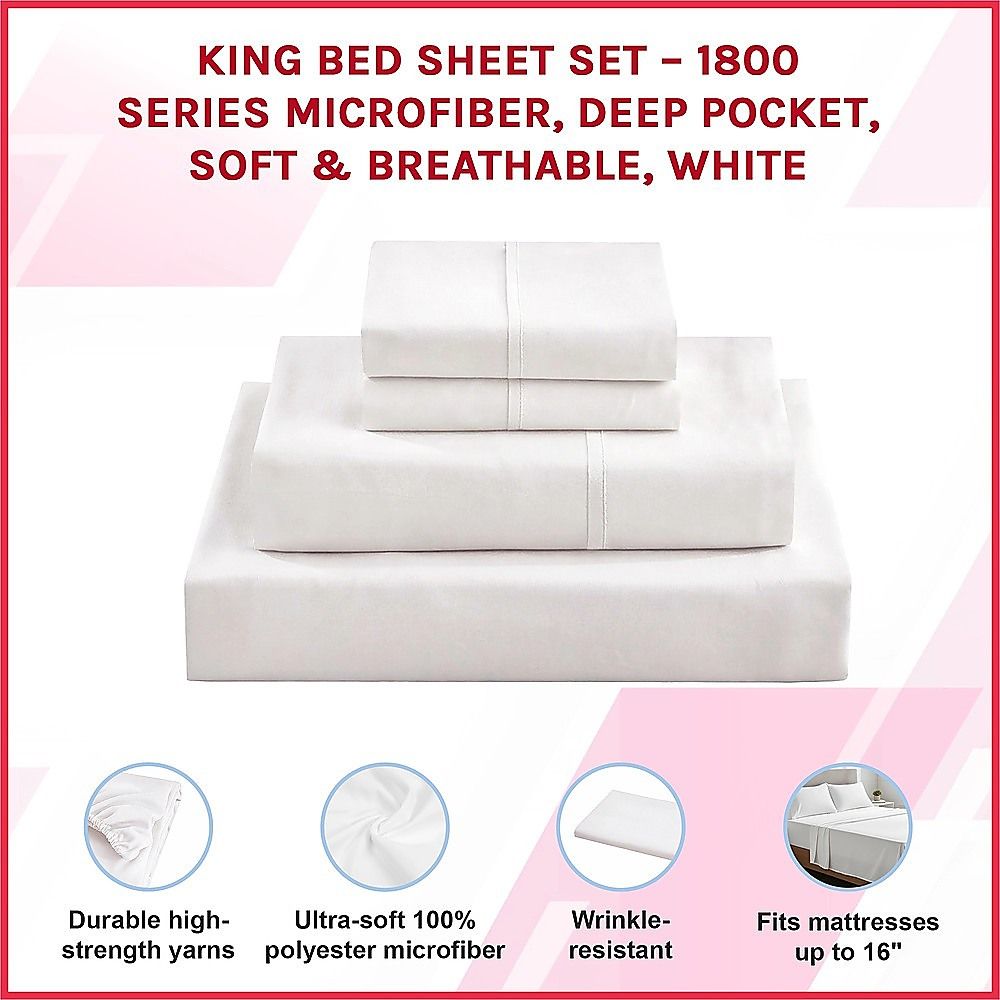 King Bed Sheet Set – 1800 Series Microfiber, Deep Pocket, Soft & Breathable, White