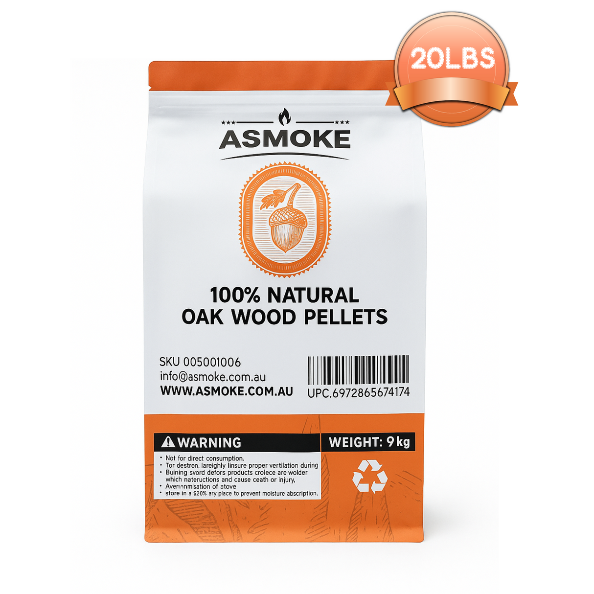 ASMOKE 100% Natural Premium Oak Wood BBQ Pellets for Smoker & Grill (9kg / 20lbs)