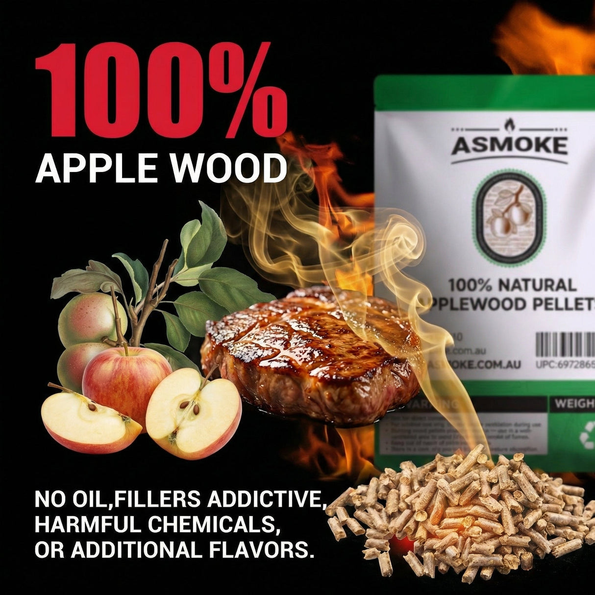 ASMOKE 100% Natural Apple Wood BBQ Smoker Pellets (2.27kg) - Premium Fruit Hardwood for Chicken & Pork