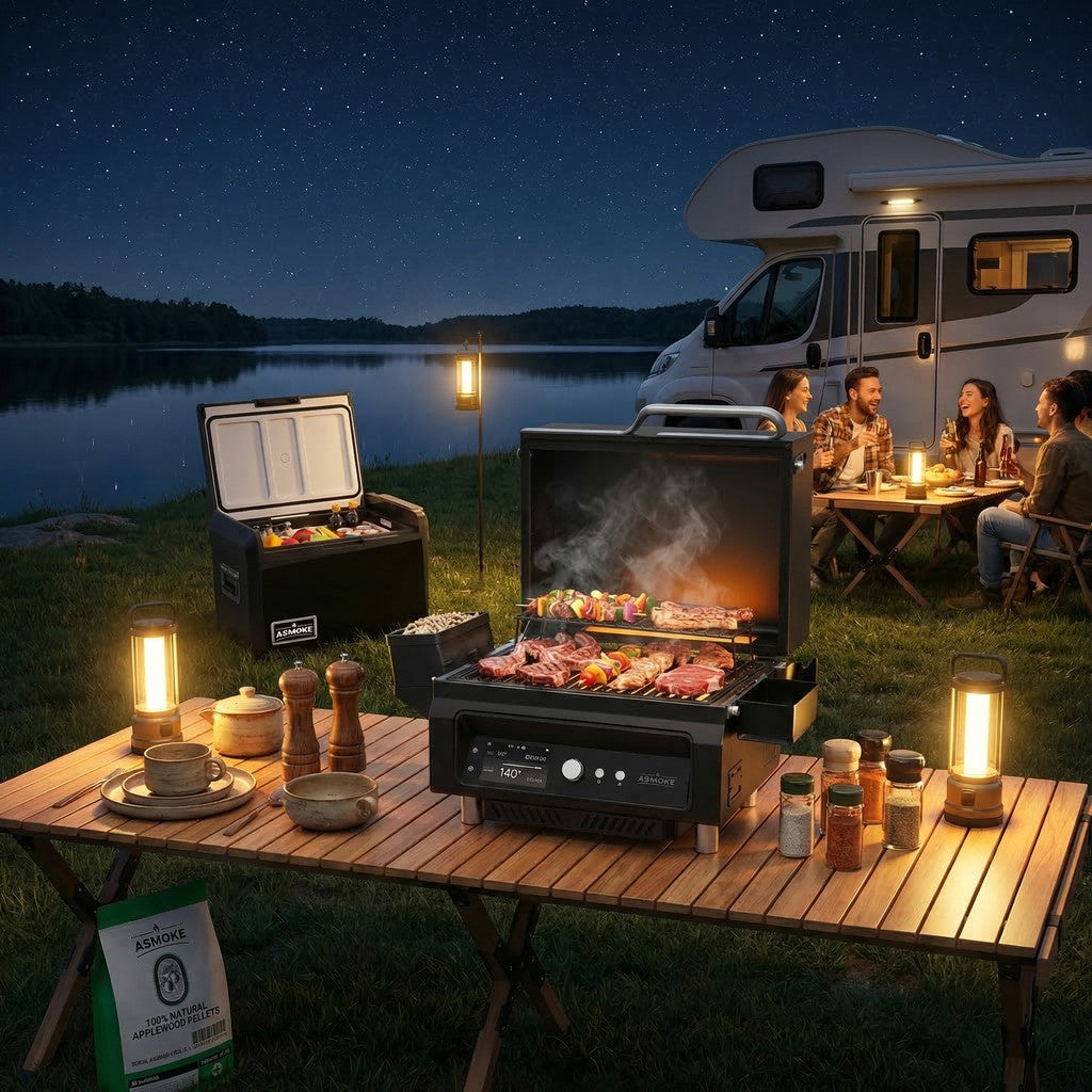 ASMOKE Essential Portable Wood Pellet Grill & 47L Mini Fridge Bundle + 5lb Apple Wood Pellets