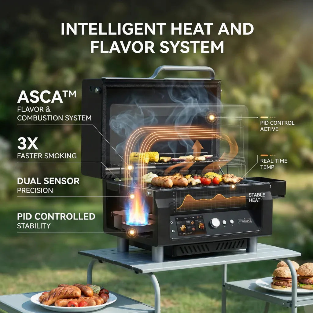 ASMOKE Essential Portable Wireless Pellet Smoker - Battery Powered 8-in-1 Mini BBQ Grill with Smart Temp Control & Meat Probe for Camping & RV