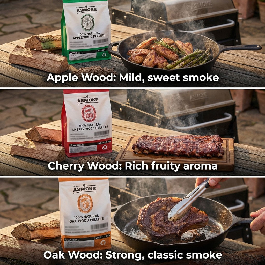 ASMOKE 3-Piece Premium Wood Pellet Variety Pack - Oak, Cherry & Apple (3 x 2.27kg Bags)