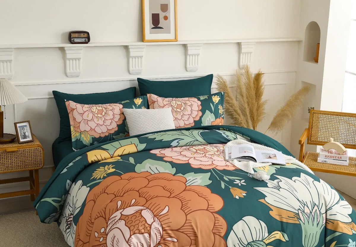 Teal Terracotta Dahlia Bloom Comforter Quilted Doona Set
