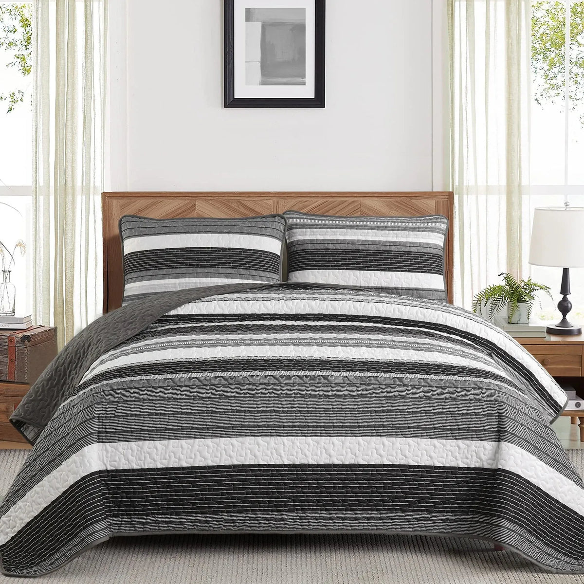 Charcoal Stripe Luxe Bedspread Coverlet 3 Piece Set