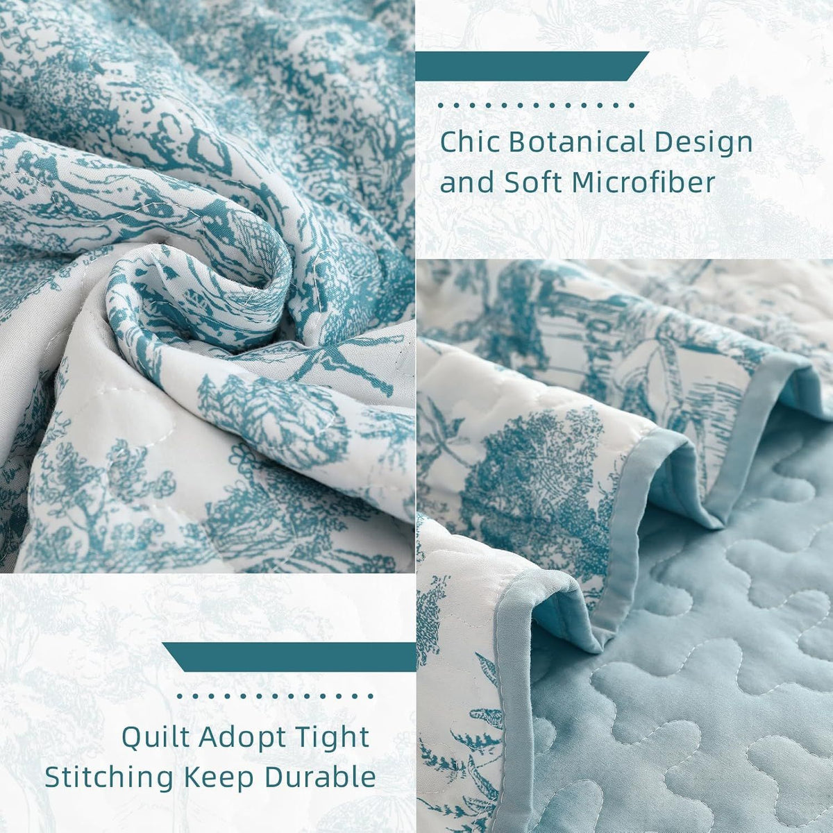 Blue Floral Botanical Serenity Bedspread Coverlet 3 Piece Set