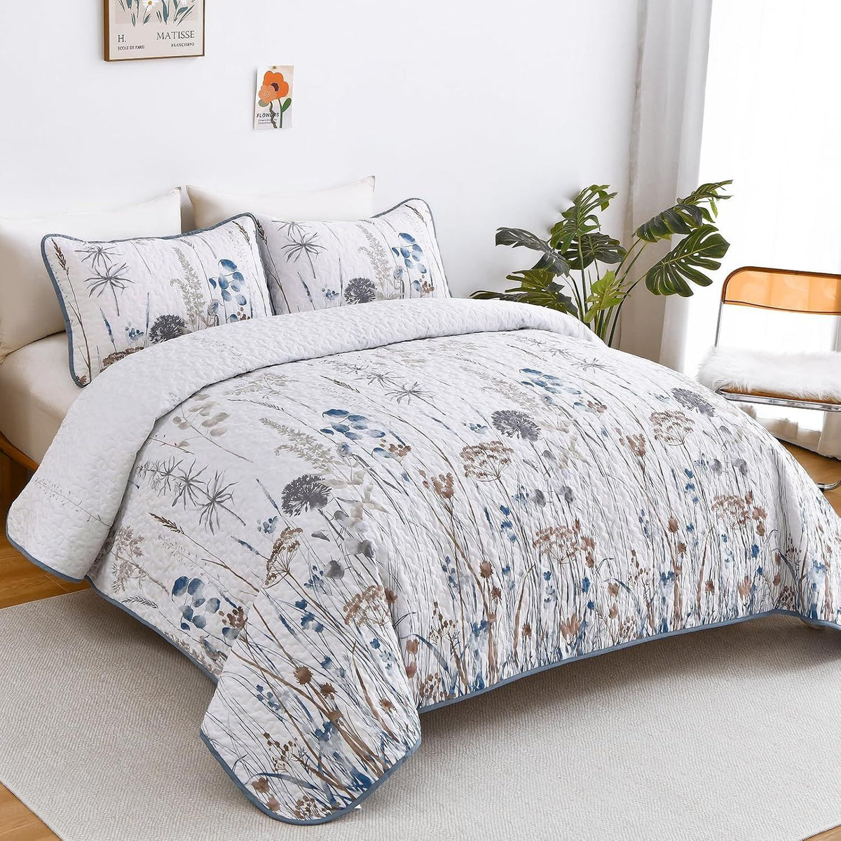 Blue Floral Botanical Charm Bedspread Coverlet 3 Piece Set
