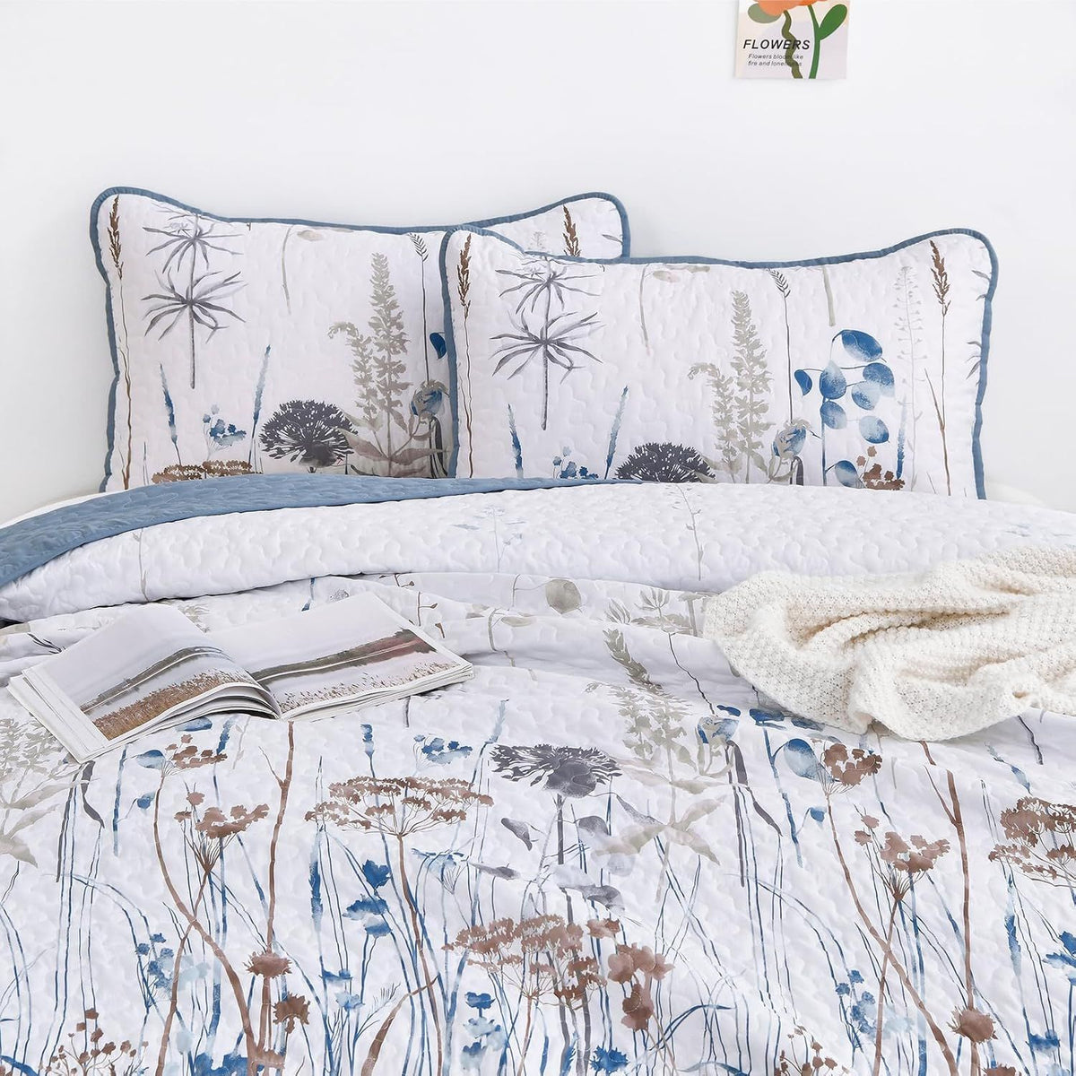 Blue Floral Botanical Charm Bedspread Coverlet 3 Piece Set