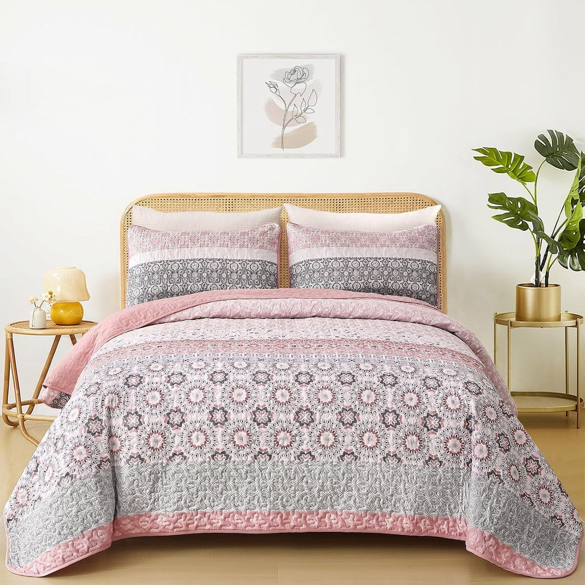 Pink Floral Stripe Bloom Bedspread Coverlet 3 Piece Set