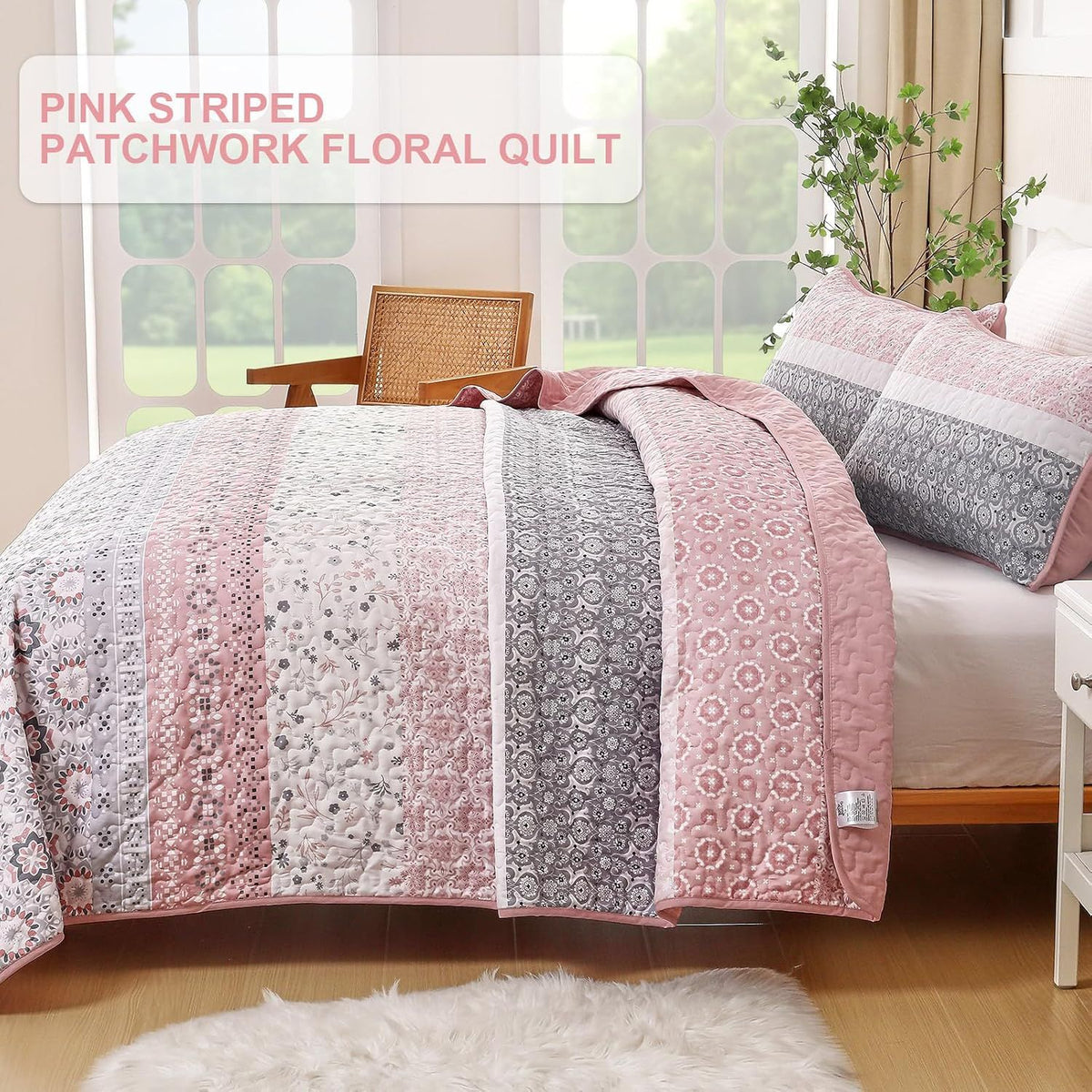 Pink Floral Stripe Bloom Bedspread Coverlet 3 Piece Set