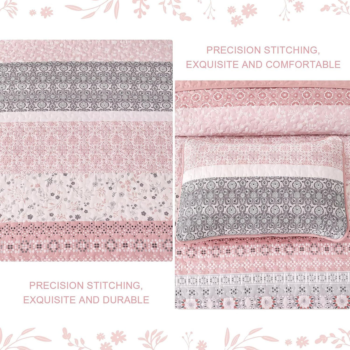 Pink Floral Stripe Bloom Bedspread Coverlet 3 Piece Set