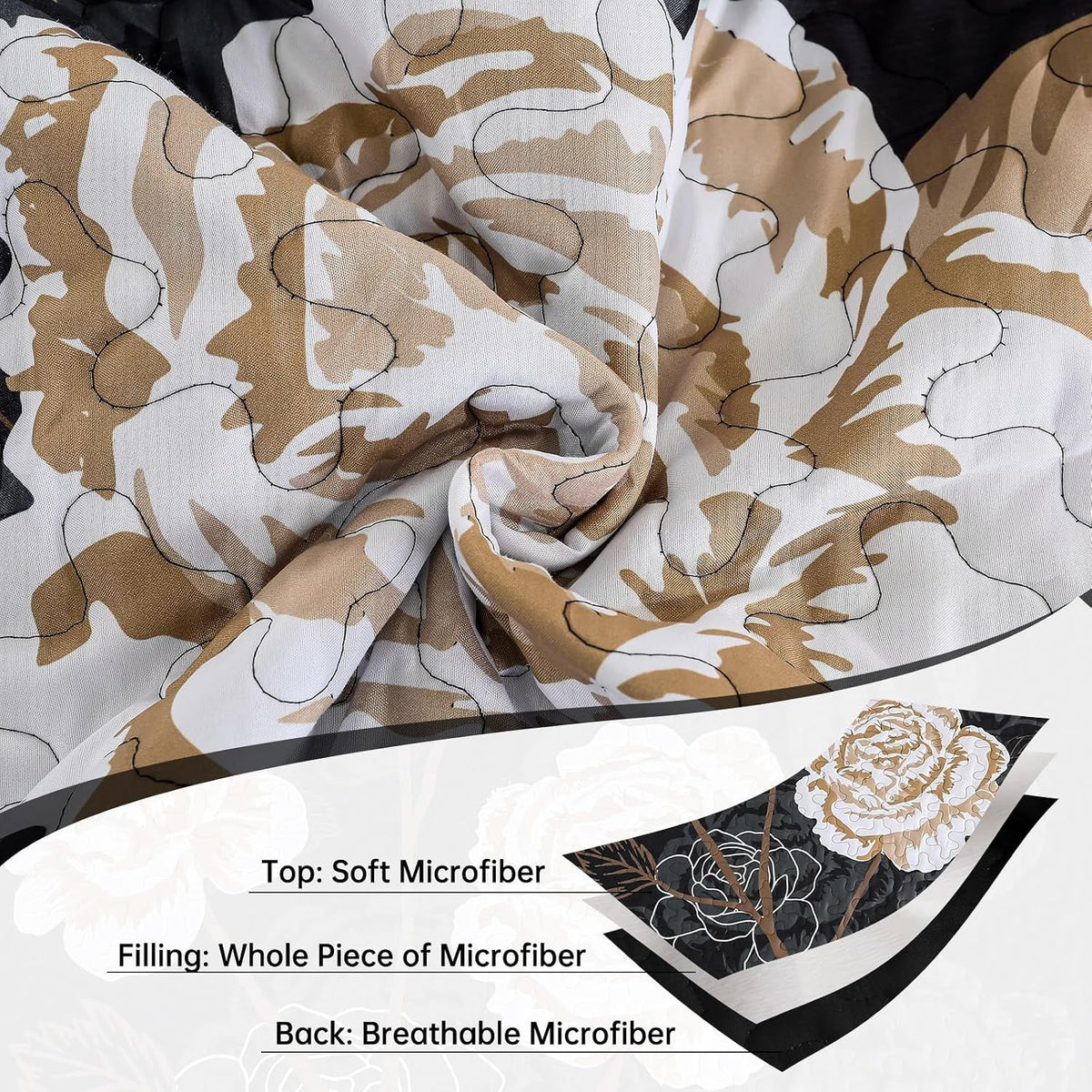 Black Floral Majesty Bedspread Coverlet 3 Piece Set