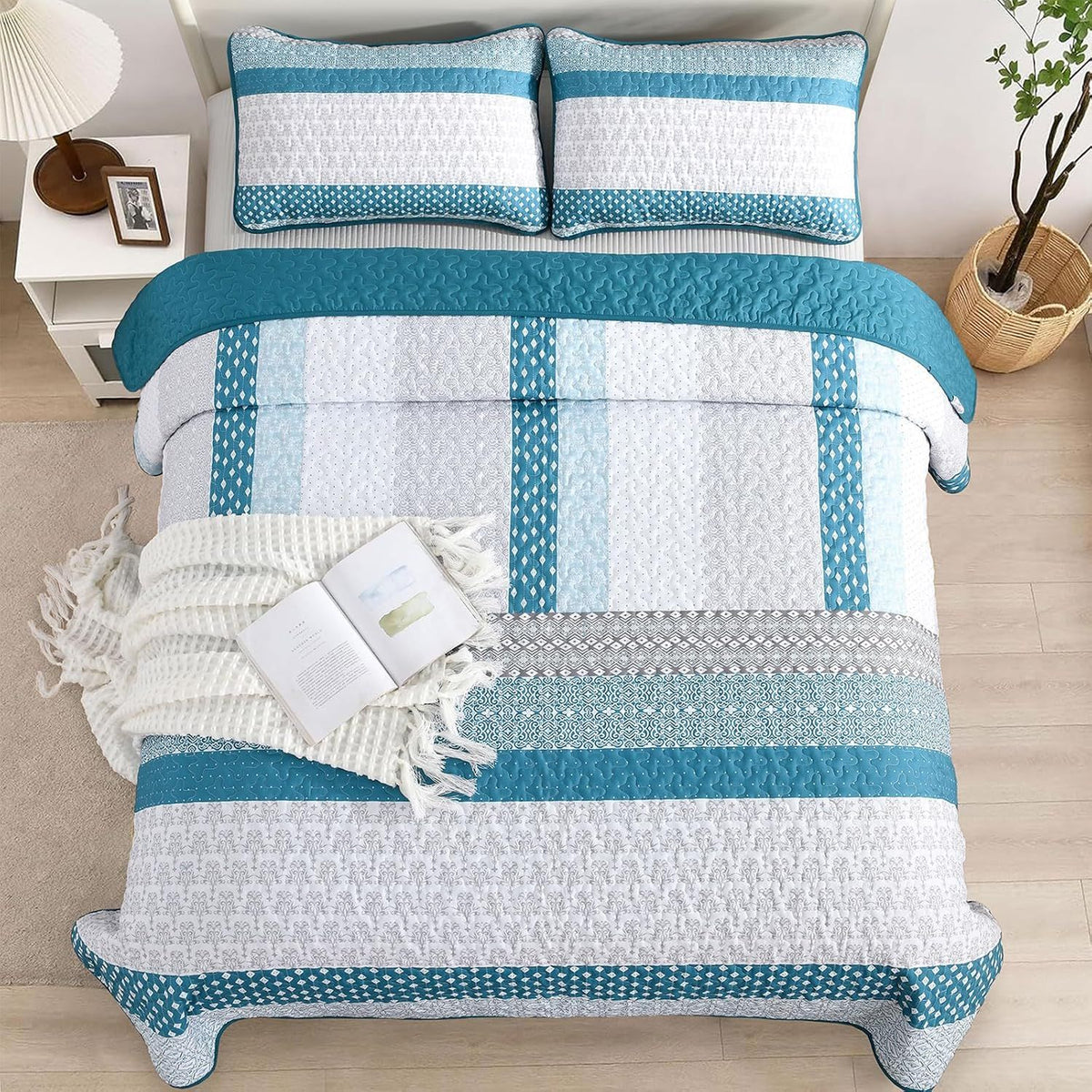 Teal Blue Stripe Boho Elysian Bedspread Coverlet 3 Piece Set