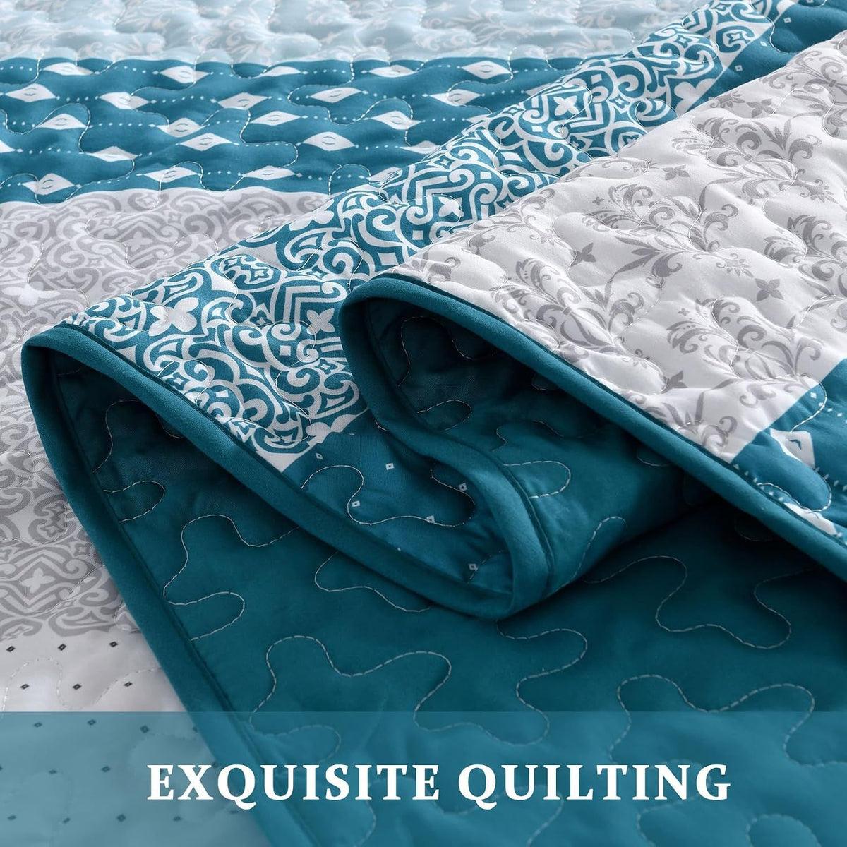 Teal Blue Stripe Boho Elysian Bedspread Coverlet 3 Piece Set