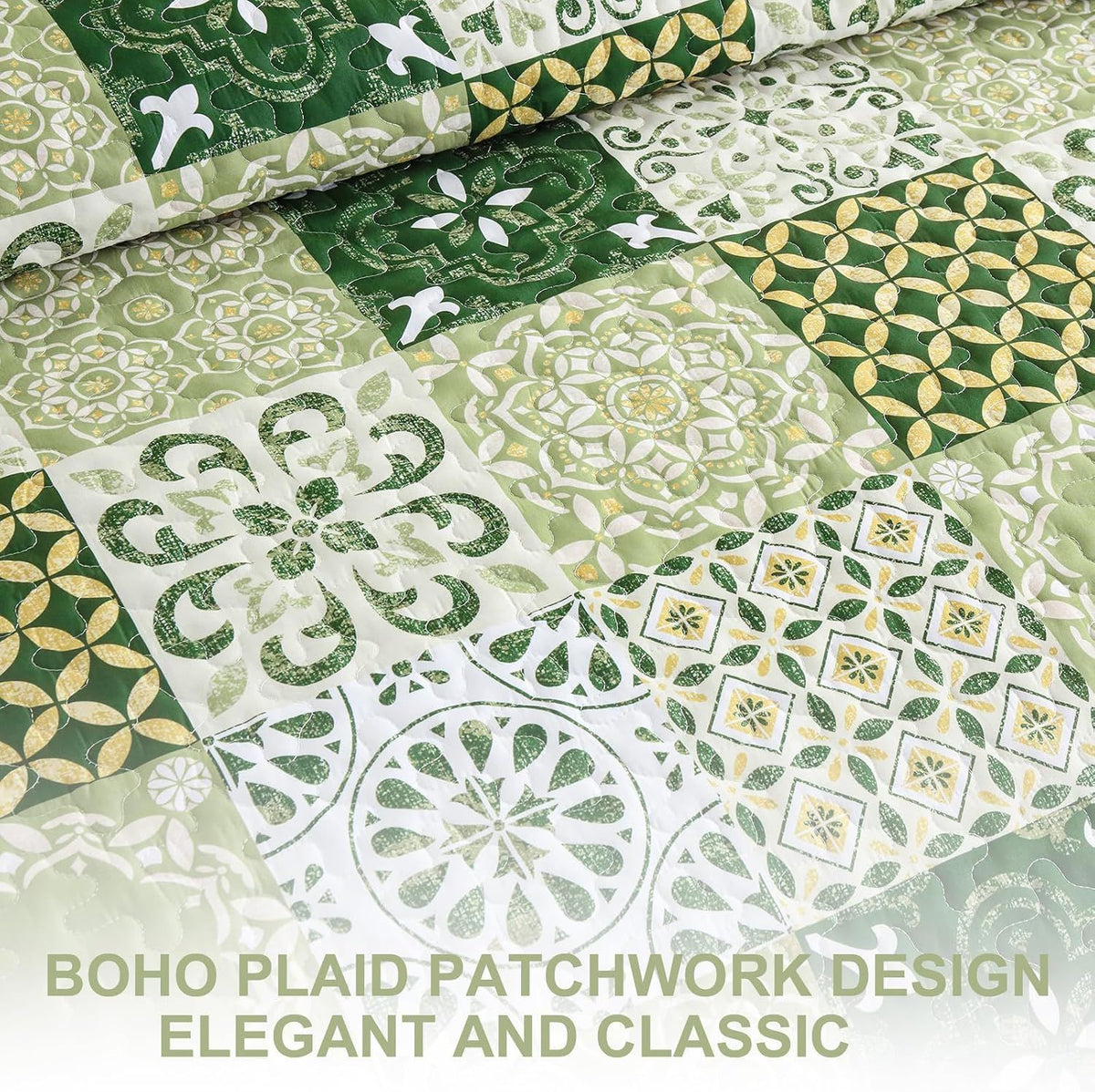 Sage Green Plaid Patchwork Garden Bedspread Coverlet 3 Piece Set