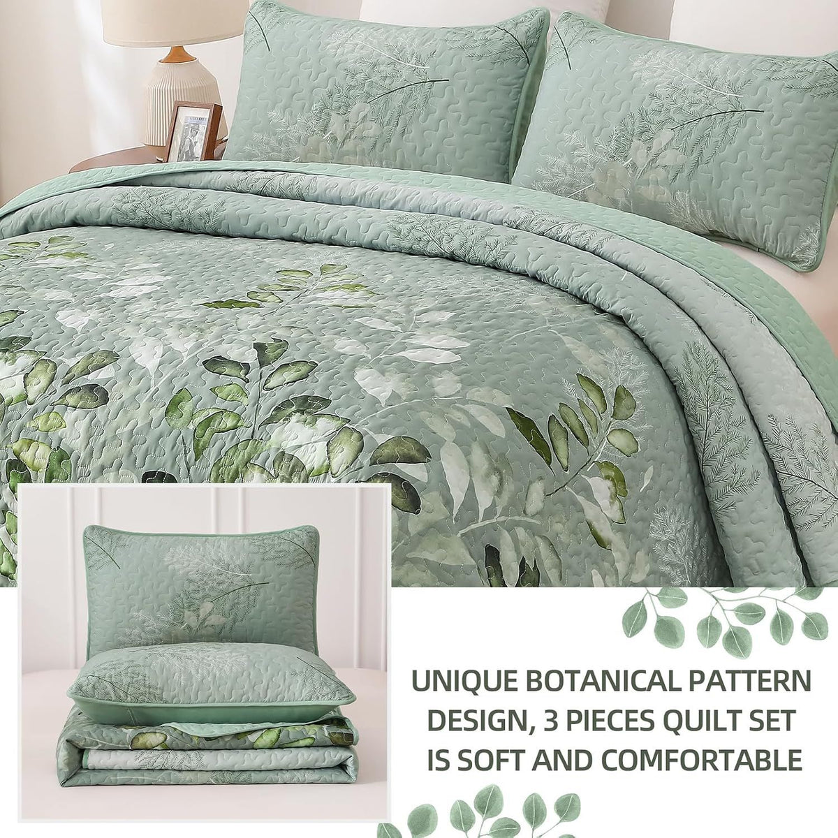 Green Floral Elysian Bedspread Coverlet 3 Piece Set