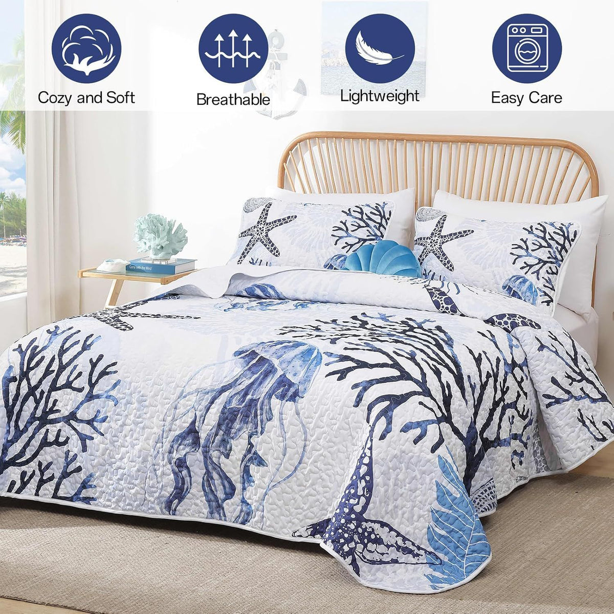Blue Nautical Coastal Luxe Bedspread Coverlet 3 Piece Set