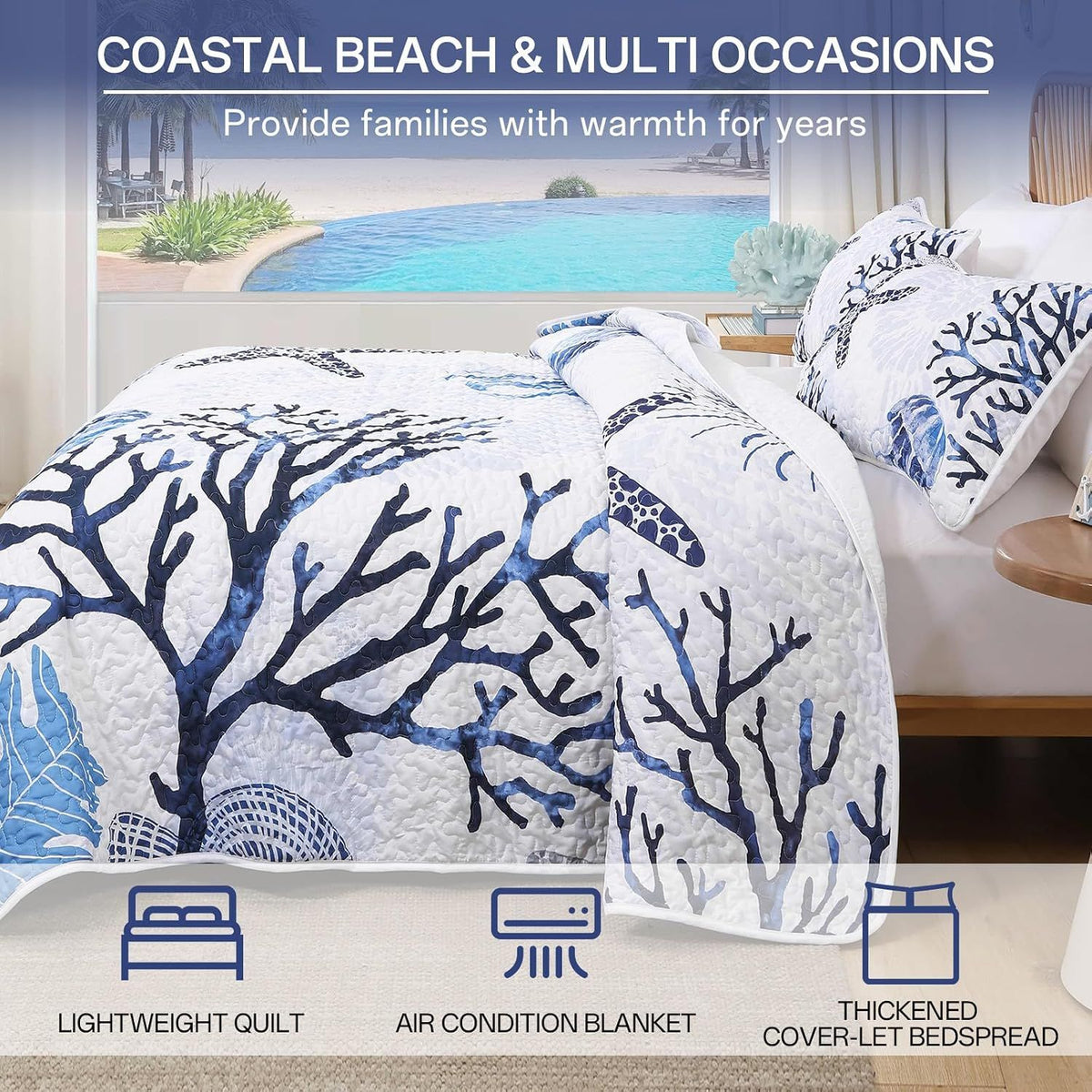 Blue Nautical Coastal Luxe Bedspread Coverlet 3 Piece Set