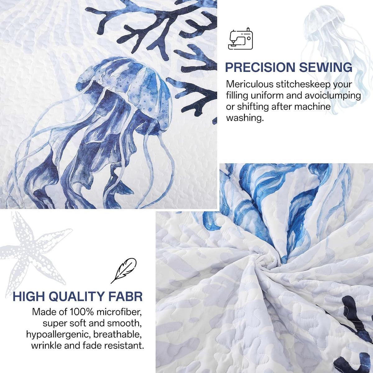 Blue Nautical Coastal Luxe Bedspread Coverlet 3 Piece Set