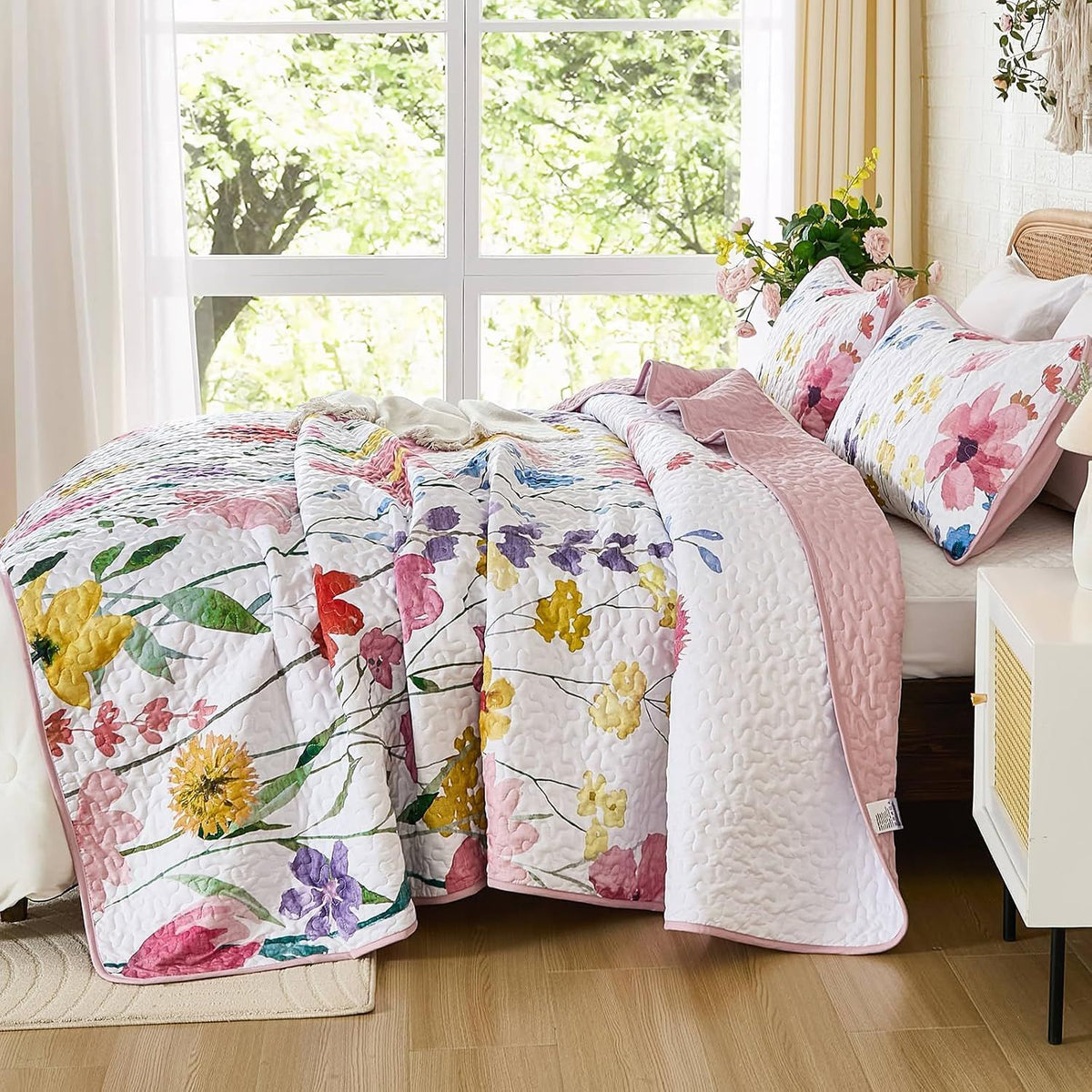 Pink Floral Haven Bedspread Coverlet 3 Piece Set