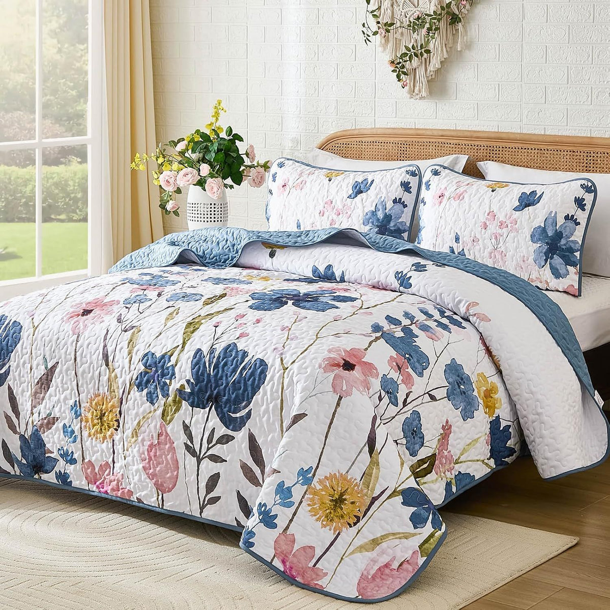 Blue Floral Serenity Bedspread Coverlet 3 Piece Set