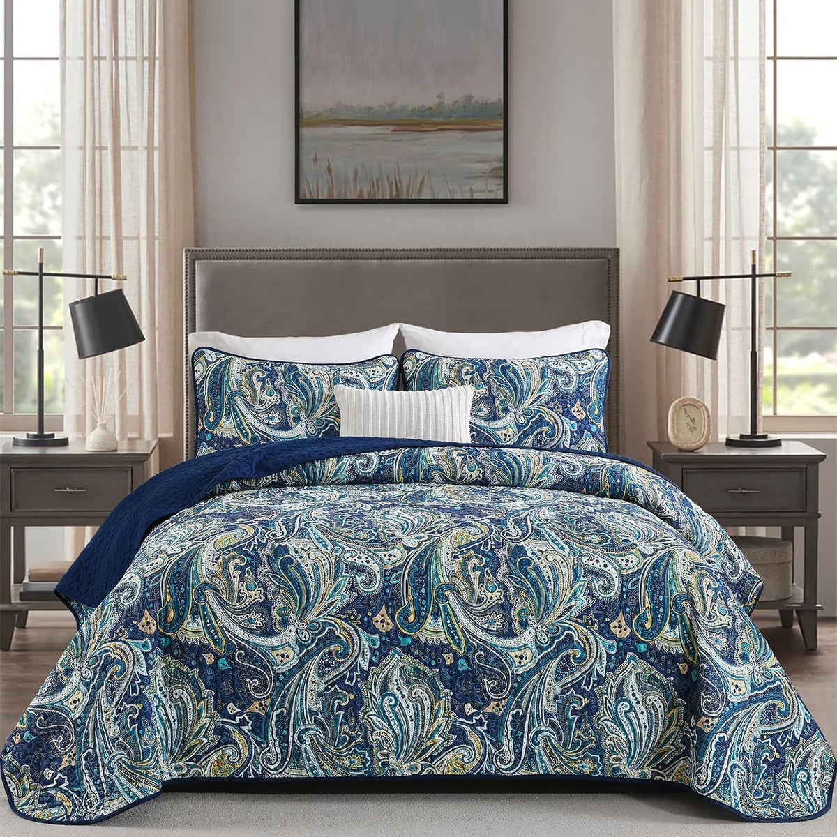 Navy Paisley Boho Dream Bedspread Coverlet 3 Piece Set