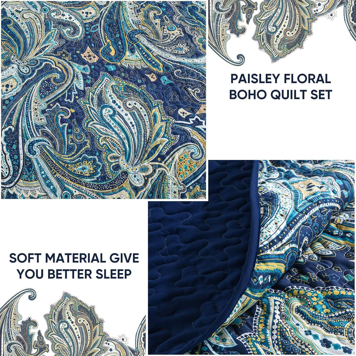 Navy Paisley Boho Dream Bedspread Coverlet 3 Piece Set