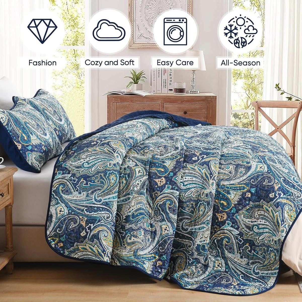 Navy Paisley Boho Dream Bedspread Coverlet 3 Piece Set