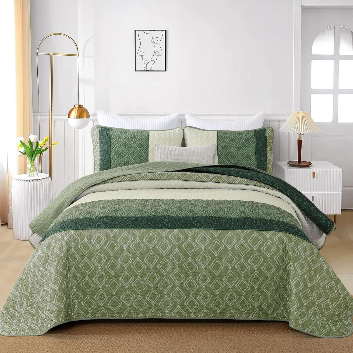 Sage Green Stripe Bloom Bedspread Coverlet 3 Piece Set