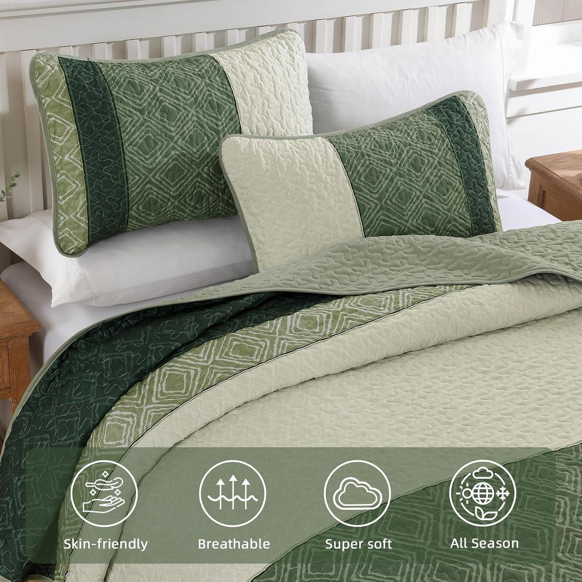 Sage Green Stripe Bloom Bedspread Coverlet 3 Piece Set