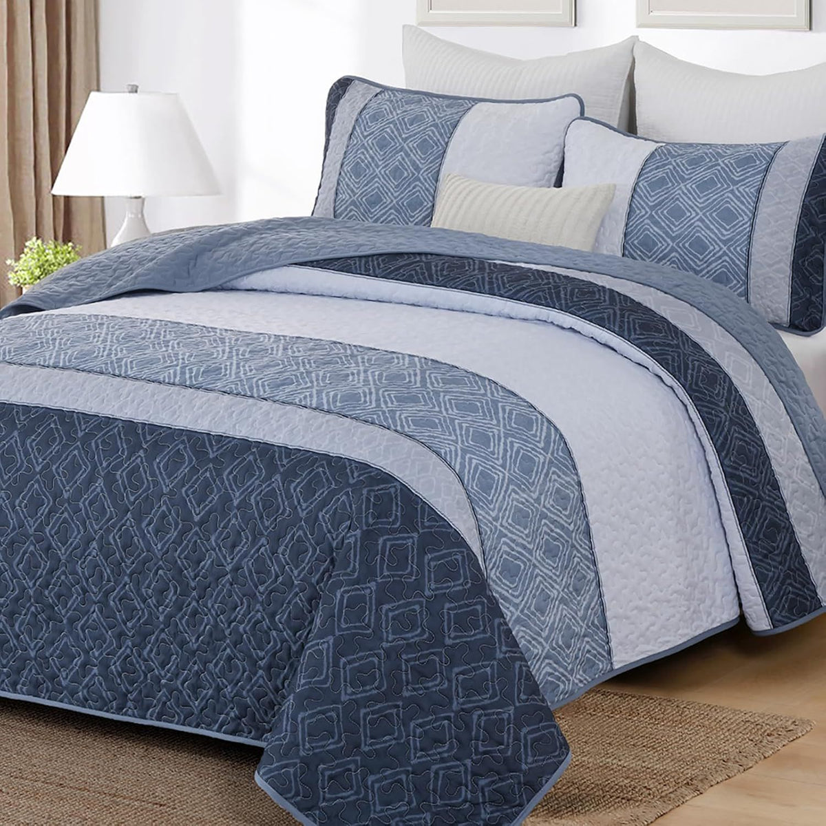 Mineral Blue Stripe Plaid Dream Bedspread Coverlet 3 Piece Set
