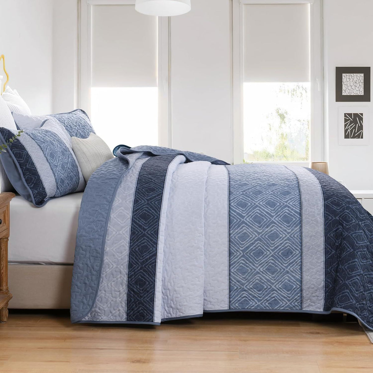 Mineral Blue Stripe Plaid Dream Bedspread Coverlet 3 Piece Set