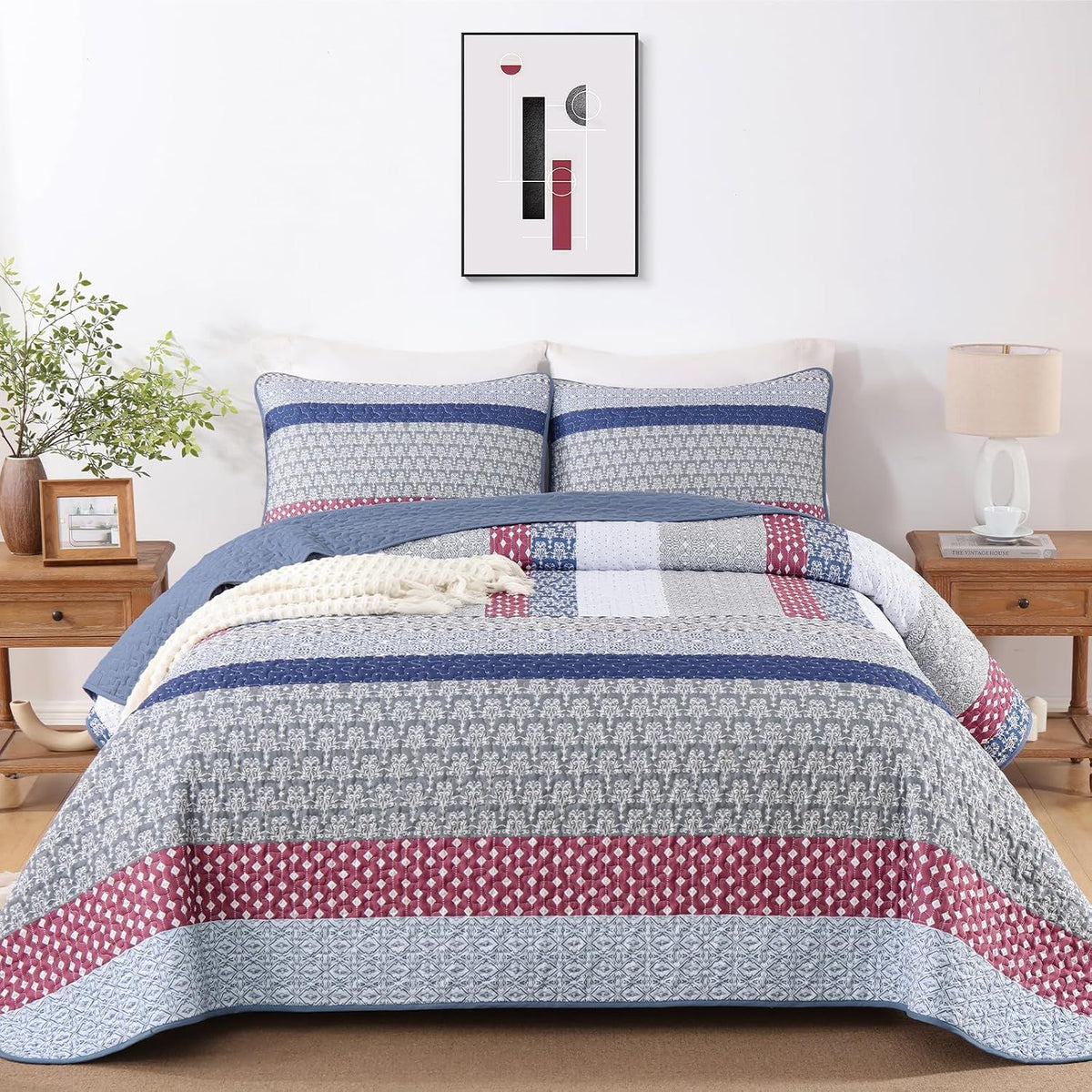 Red Patchwork Boho Mosaic Bedspread Coverlet 3 Piece Set