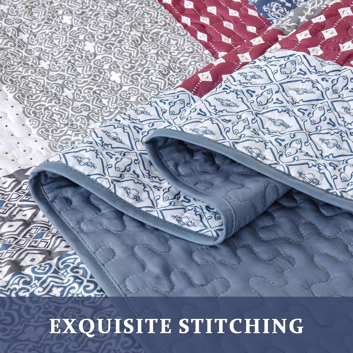 Red Patchwork Boho Mosaic Bedspread Coverlet 3 Piece Set