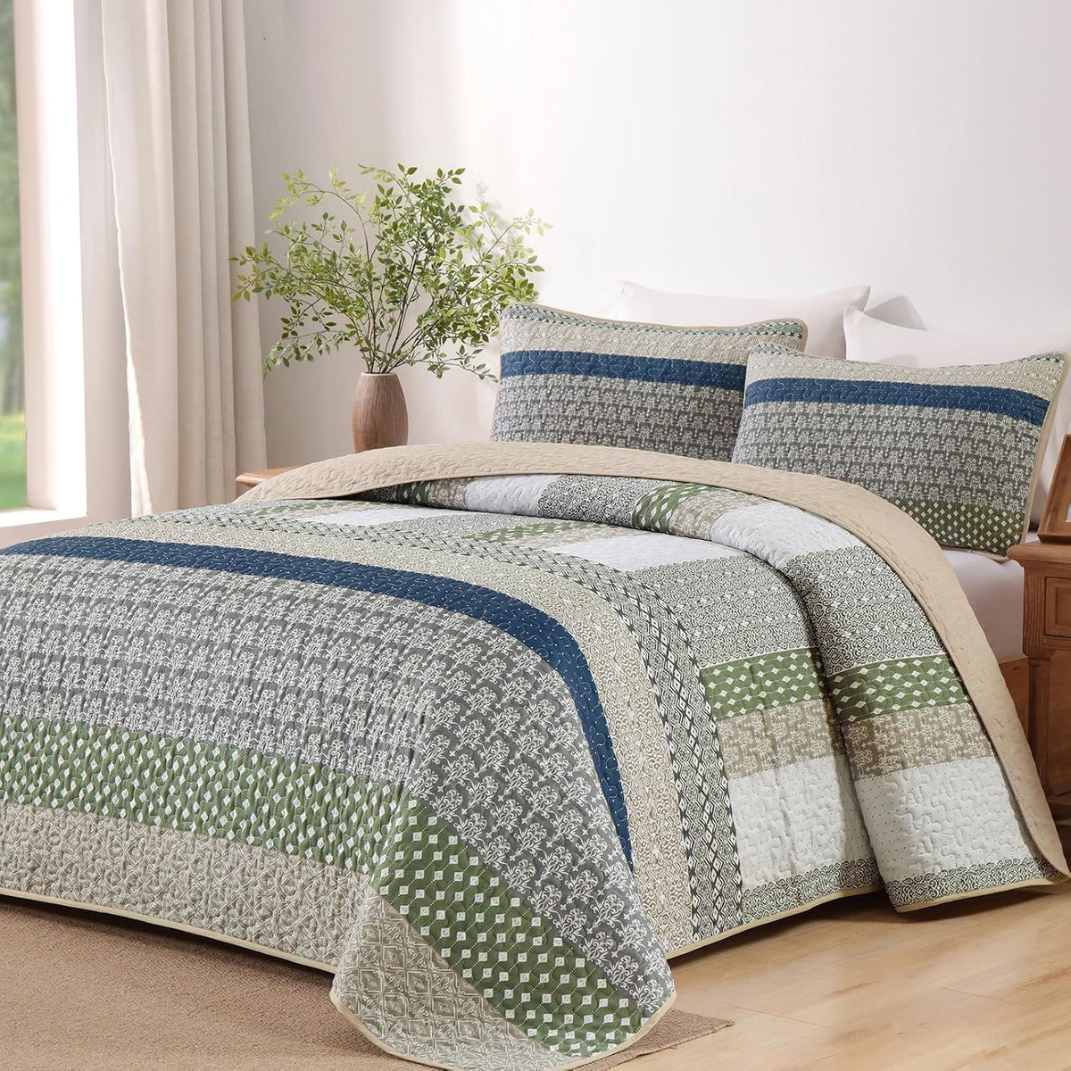 Khaki Green Stripe Bloom Bedspread Coverlet 3 Piece Set