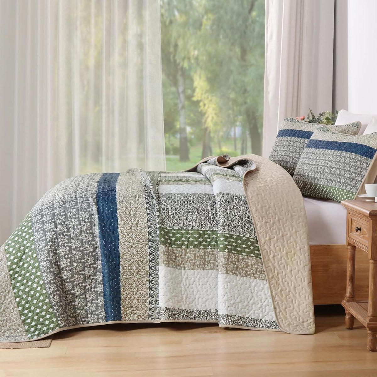 Khaki Green Stripe Bloom Bedspread Coverlet 3 Piece Set