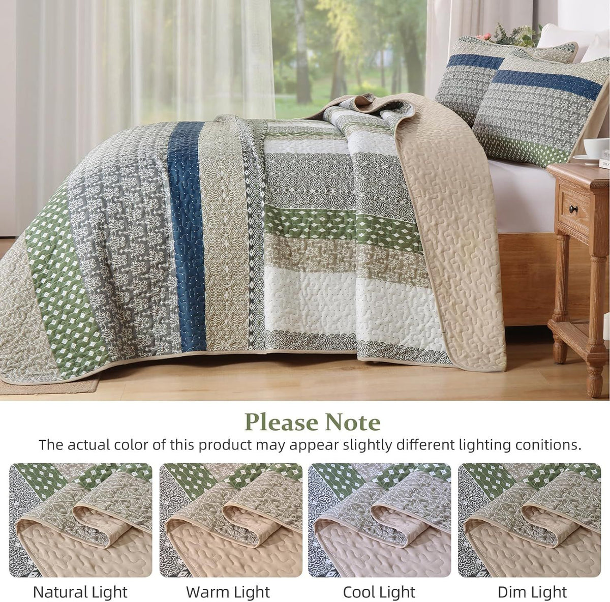 Khaki Green Stripe Bloom Bedspread Coverlet 3 Piece Set