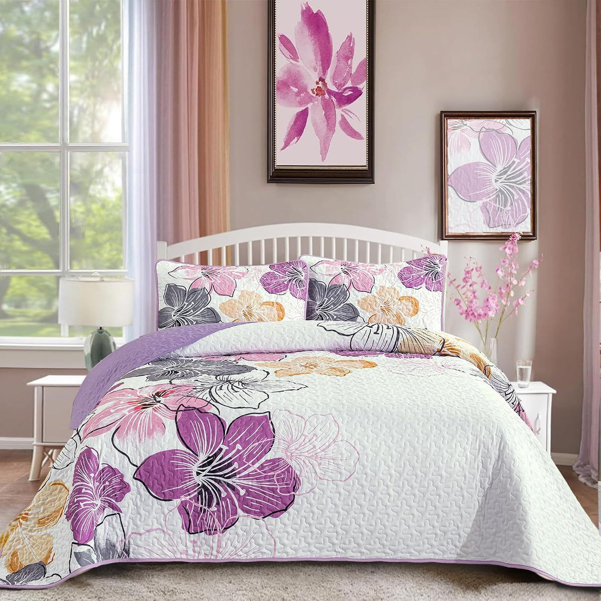 Purple Floral Boho Elysian Bedspread Coverlet 3 Piece Set