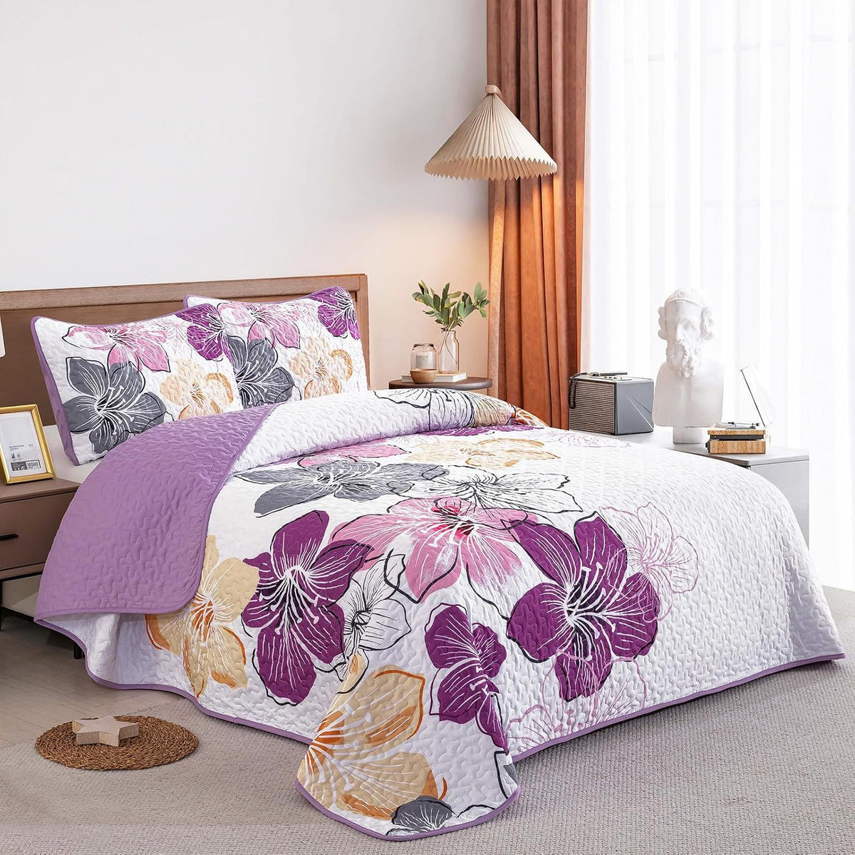 Purple Floral Boho Elysian Bedspread Coverlet 3 Piece Set