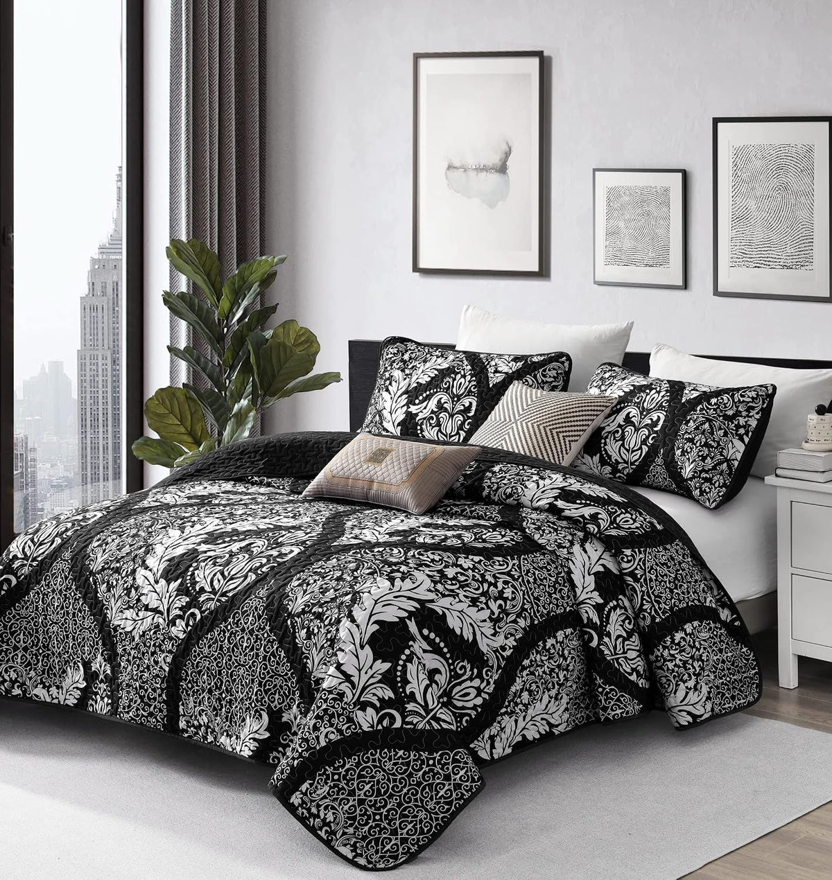 Black Damask Boho Serenity Bedspread Coverlet 3 Piece Set