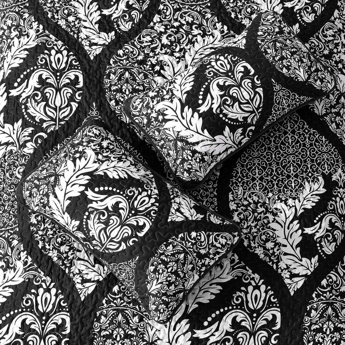 Black Damask Boho Serenity Bedspread Coverlet 3 Piece Set