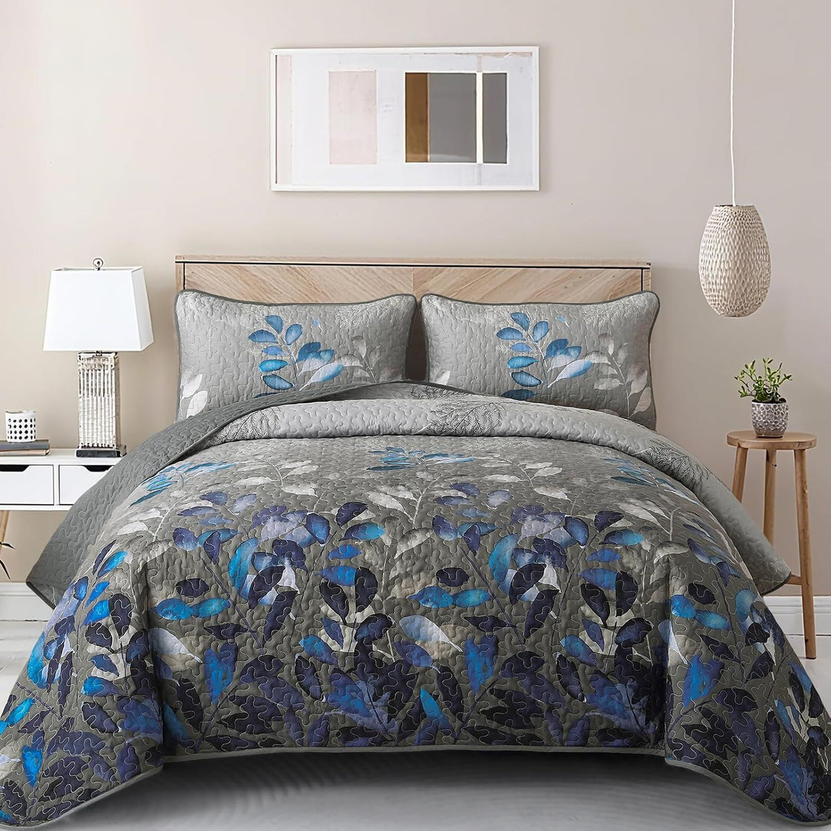 Grey Blue Floral Garden Bedspread Coverlet 3 Piece Set