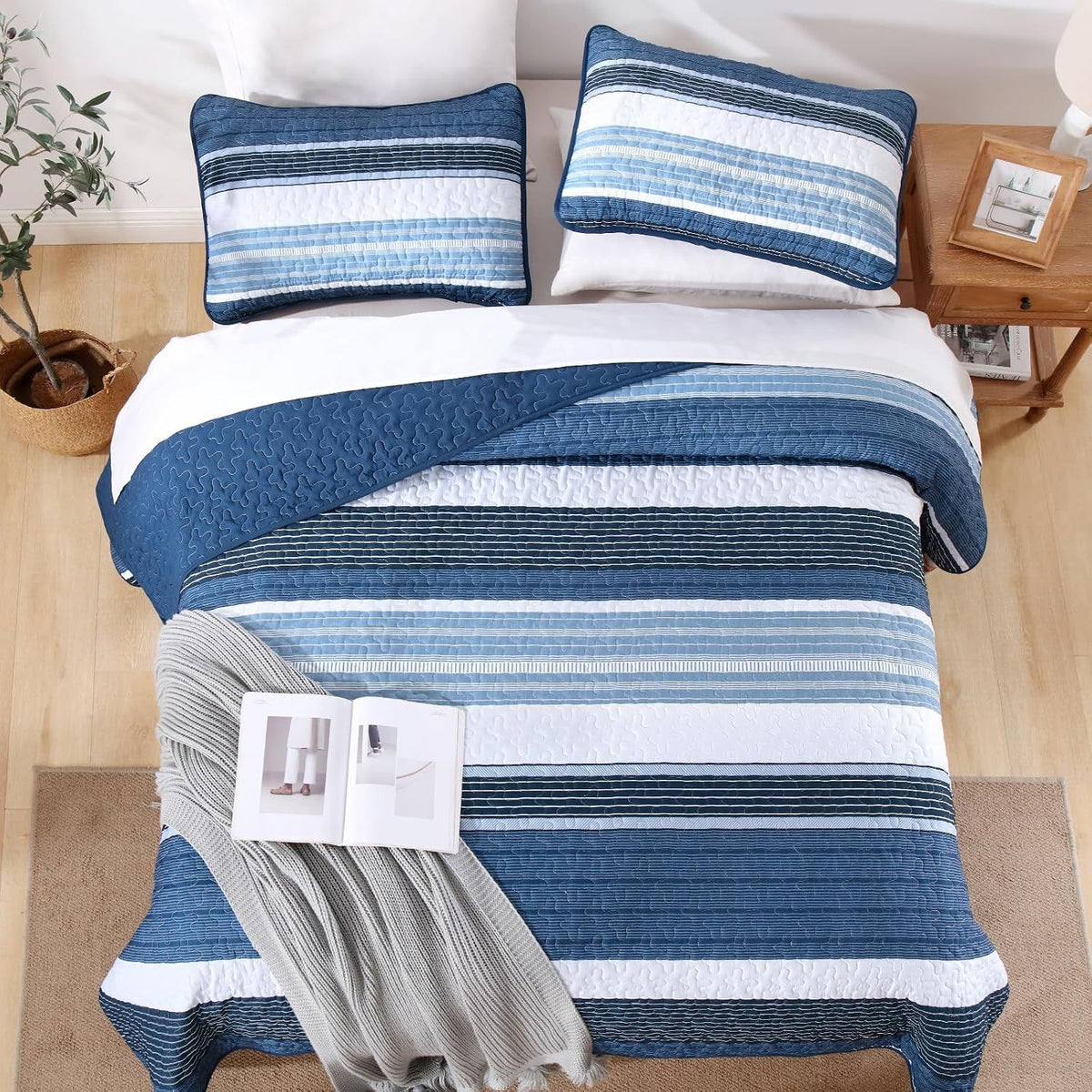 Blue Stripe Patchwork Mosaic Bedspread Coverlet 3 Piece Set