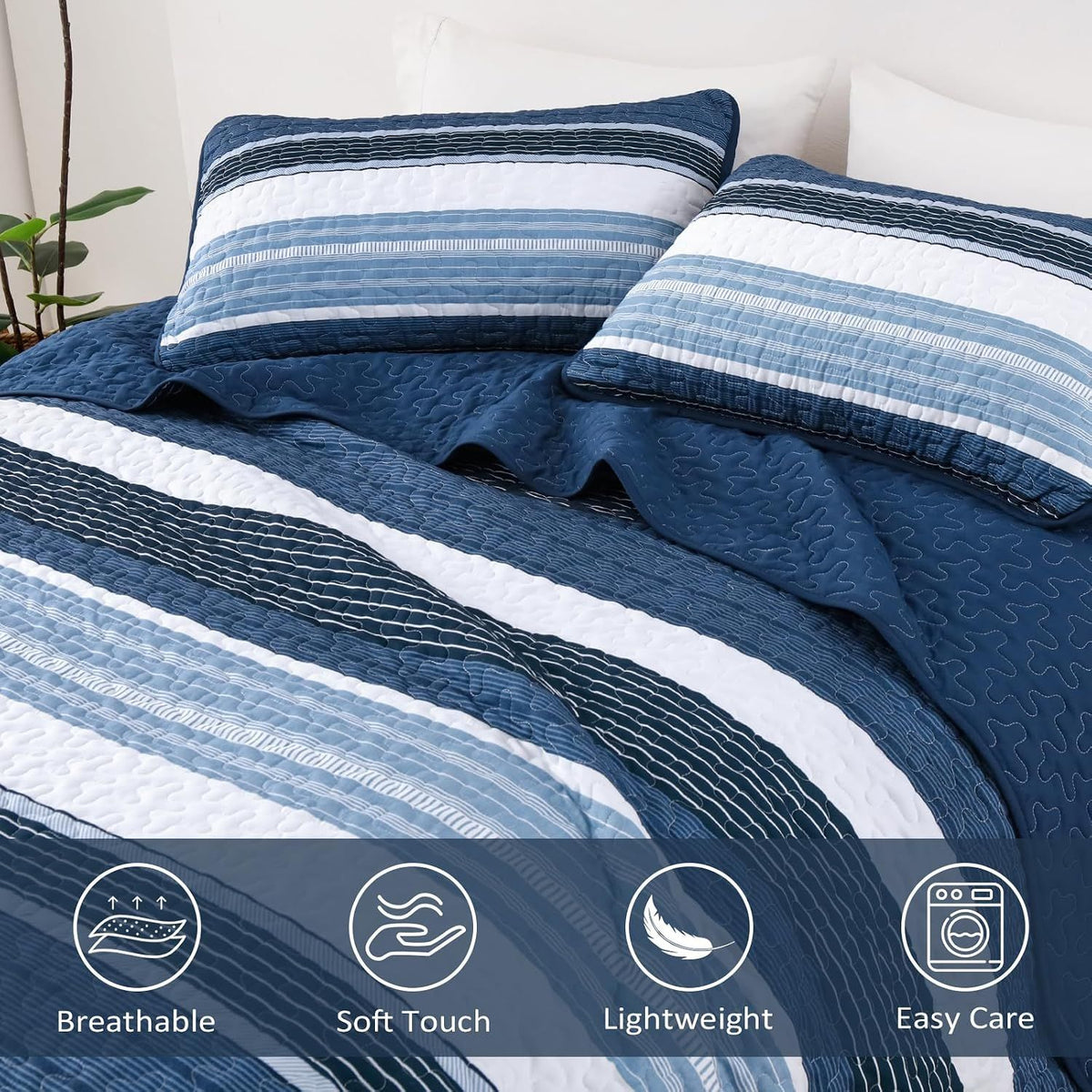 Blue Stripe Patchwork Mosaic Bedspread Coverlet 3 Piece Set