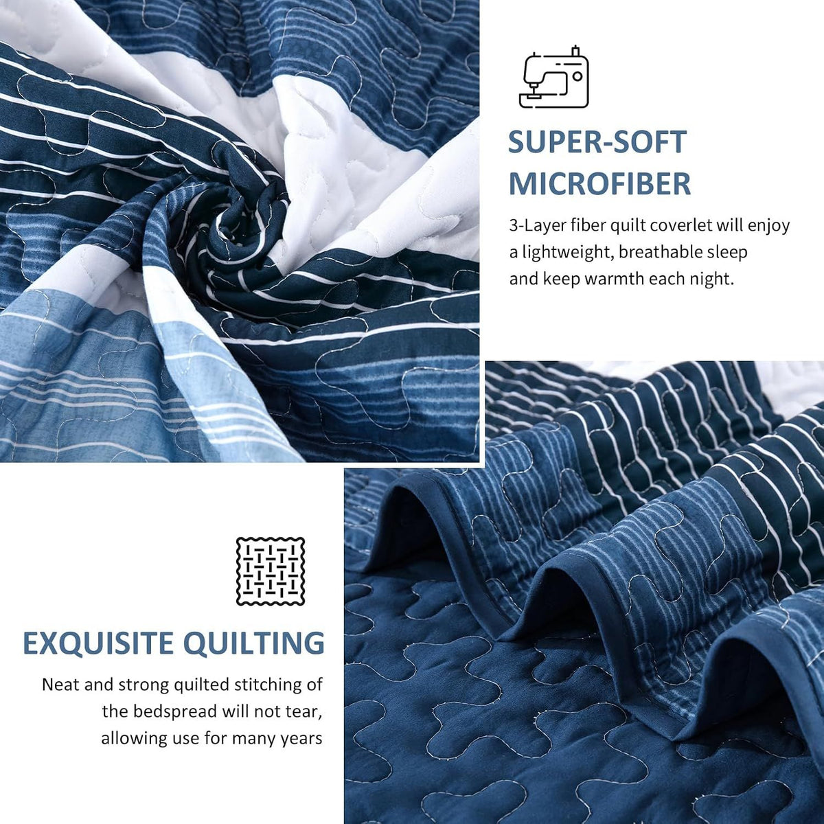 Blue Stripe Patchwork Mosaic Bedspread Coverlet 3 Piece Set