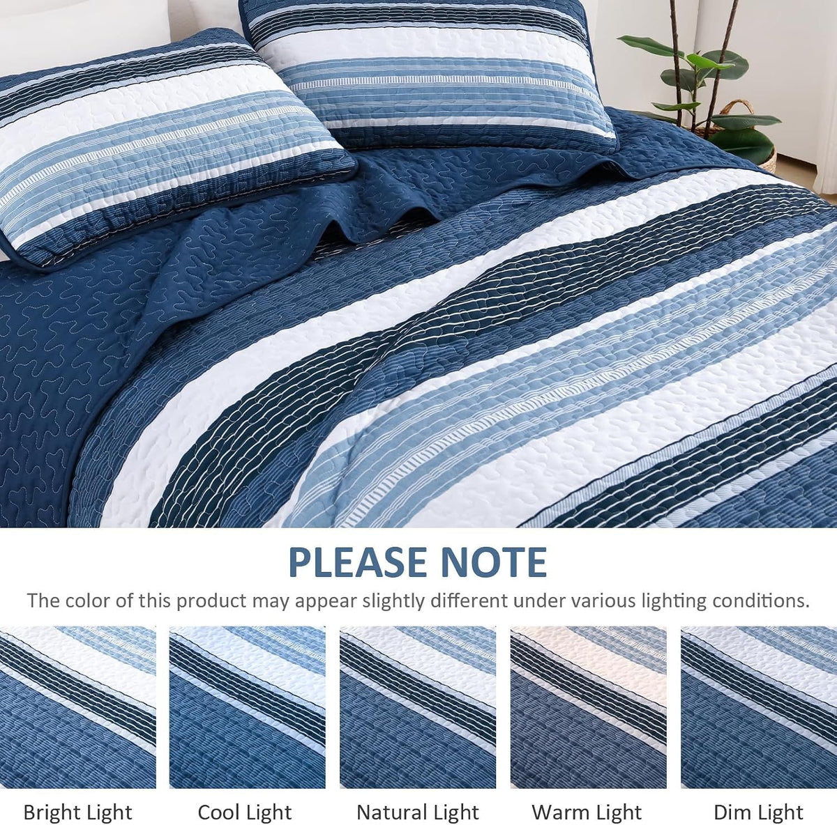 Blue Stripe Patchwork Mosaic Bedspread Coverlet 3 Piece Set
